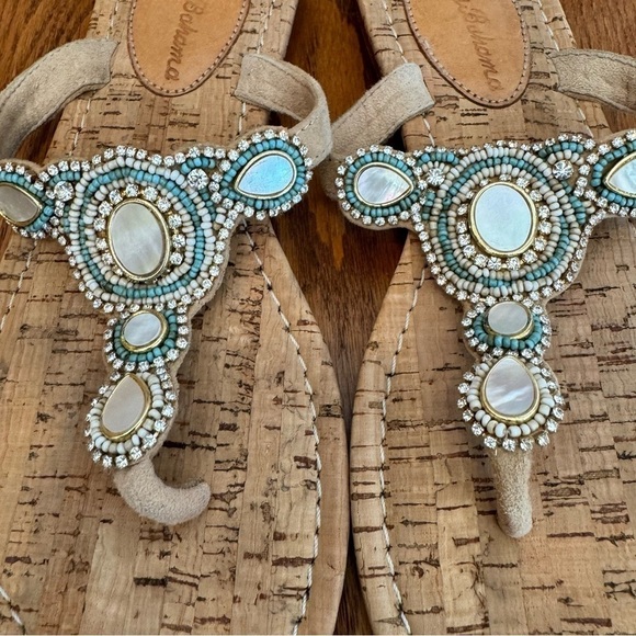 Tommy Bahama Cork, Rhinestone, Abalone Shell, Turquoise, Gold Thongs, Sandals, 8 - Picture 2 of 8